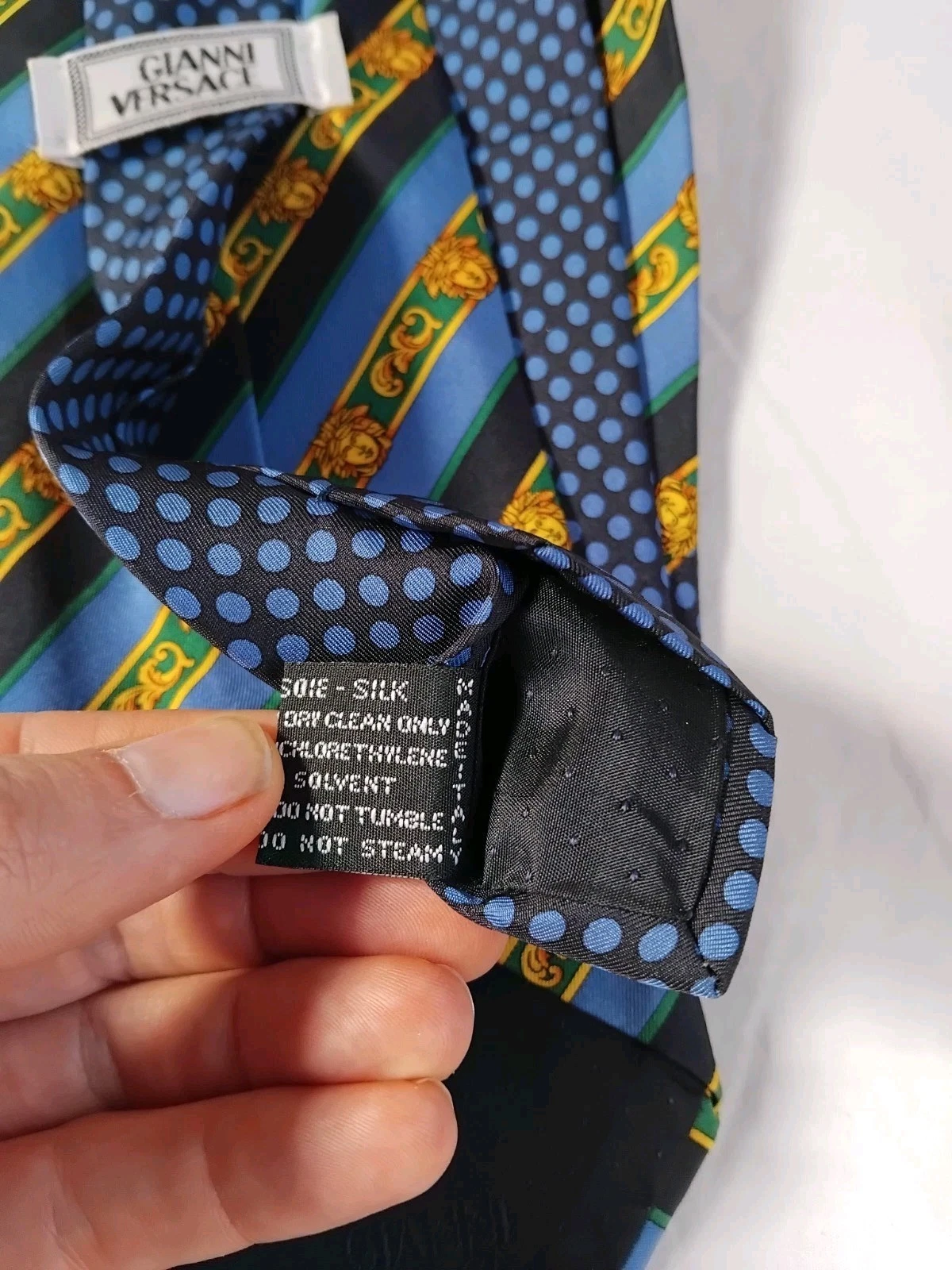 Gianni Versace Blue Gold Striped Medusa Head Silk Necktie Made In Italy - product detail image 7