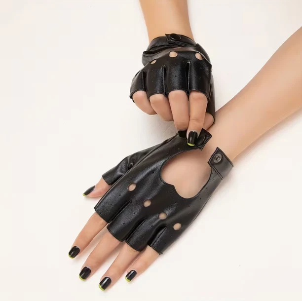 Envois 24h Paire de mitaines motard punk cuir synthétique noir Taille U gants - Photo 3/4