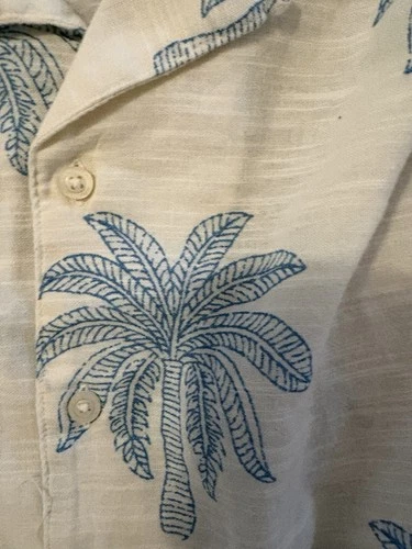 Nautica Linen Palm Tree Print Button-Up Shirt Short Sleeve Size L White/Blue image 3