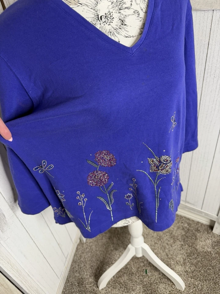 Camisa Top Christine Alexander Púrpura y Estrás Flores Algodón Talla XL Foto 2 de 4