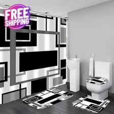 4 Pcs Black Geometric Shower Curtain Sets with Rugs Black Bathroom Sets with Sho
