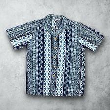 Vintage 60s Striped Tribal Loop Collar Hawaiian Shirt Men's Size Large