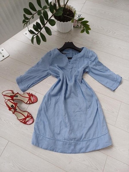 Women Laura Ashley Dress Blue Linen 42 / XL / 50 #A4I5