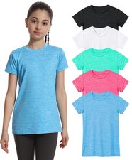 5 Pack Girls Athletic Shirts Solid Color Summer Quick Dry Short Sleeve Sports...