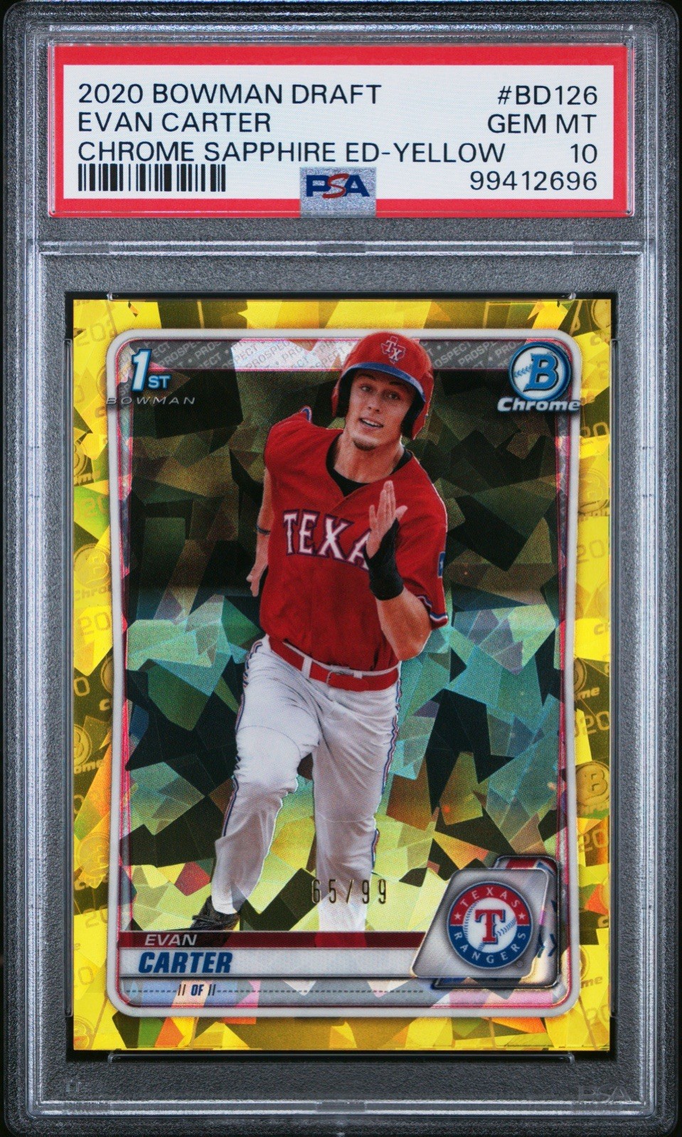 2020 Bowman Draft Sapphire PSA 10 Evan Carter 1st Yellow /99  Texas Rangers
