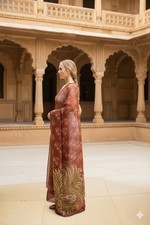 Sanskriti Vintage Brown Pure Georgette Dupatta Hand Bead Floral Print Stole Wrap