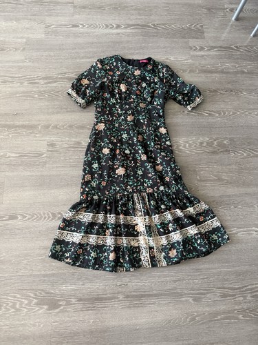 Lulus Black Floral Chiffon Midi Dress XS Puff Short Sleeve Ruffle Lace Trim