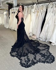 Black Boho Wedding Dress Lace Appliques Long Train Spaghetti Strap Illusion Open
