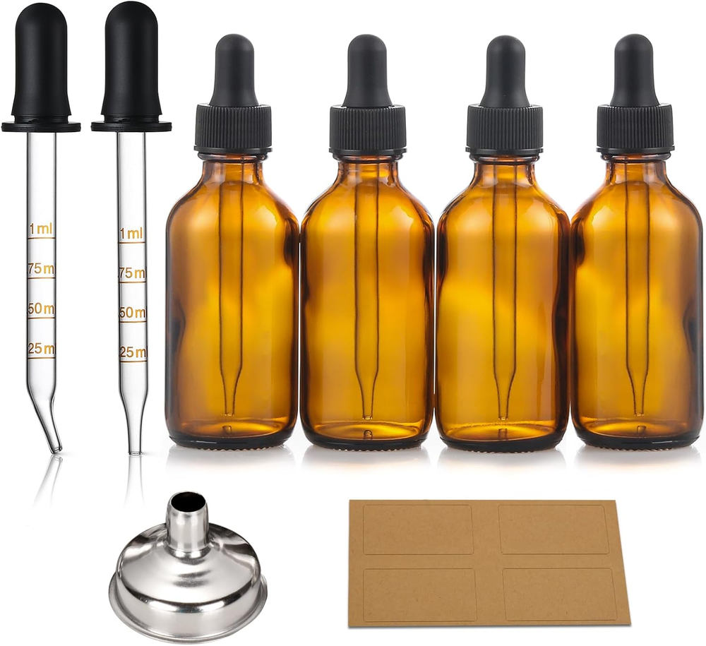 4 Pack, 2 Oz Amber Glass Dropper Bottles plus 2Pcs Graduated Calibrated Glass Pi