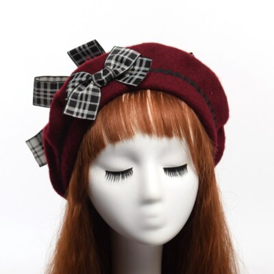 Cute Beret with Bow Wool Felt Lolita Hat Bowknot Painter Beanie Cap Handmade