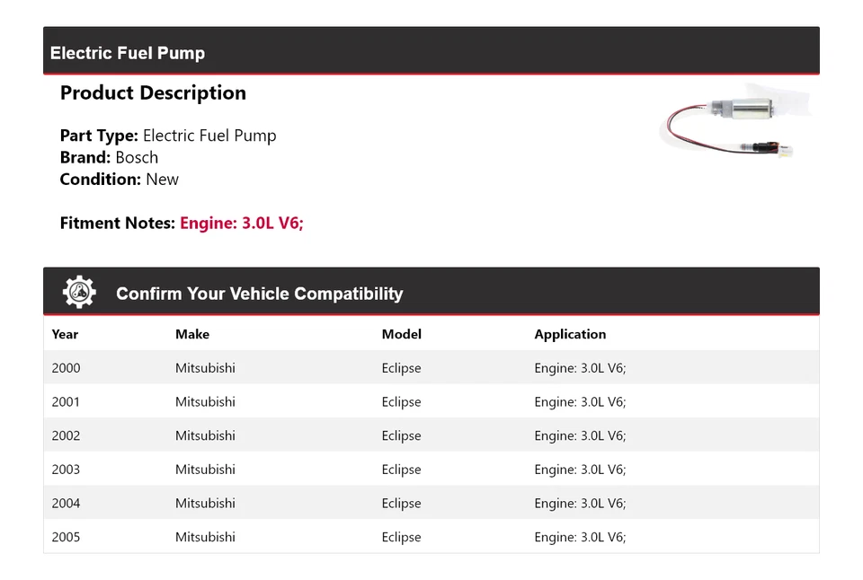 Bomba de combustible eléctrica Bosch para Mitsubishi Eclipse 2000-2005 3,0 L V6 2001 2002 2003 Foto 2 de 4