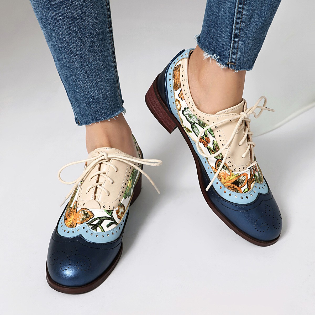 Women's Floral Print Oxford Brogue Shoes Lace Up Wingtip Casual