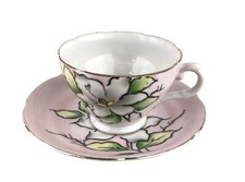 Semco Porcelain Teacup Saucer Pink Black Grey Hand Painted Flowers