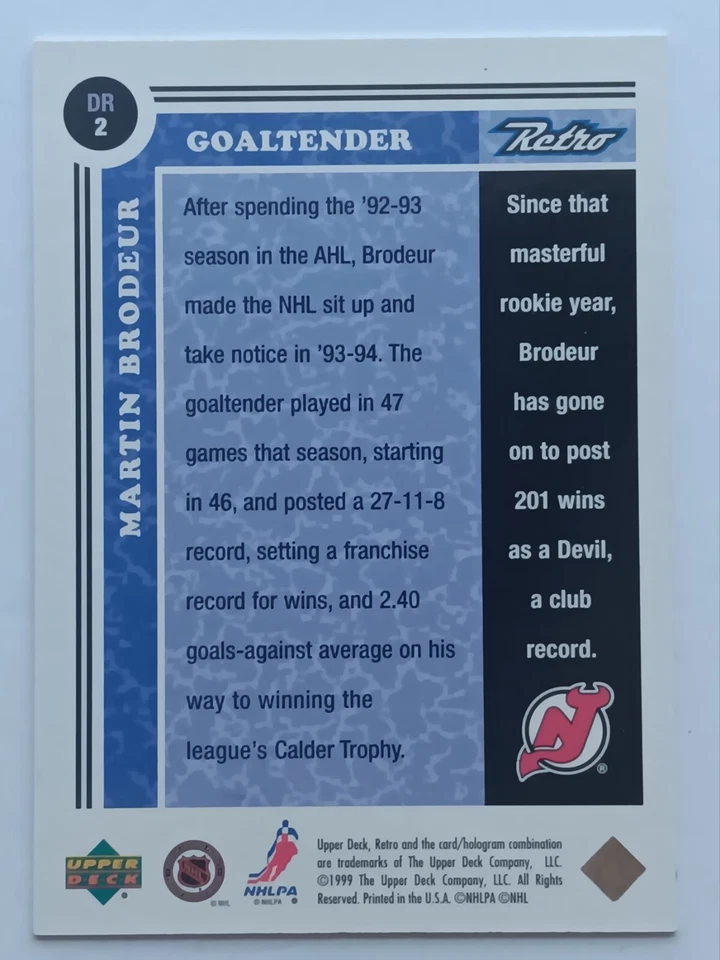 1999-00 Upper Deck Retro Distant Replay Level 2 Martin Brodeur /100 Devils - Image 2 of 2