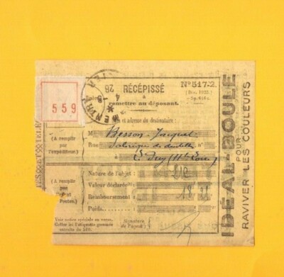 COMMENTRY (03) Quittung POSTPAKET ABHOLUNG / Werbung IDEAL KUGEL Seife MADO