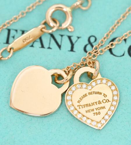 Collier diamant Tiffany & Co. Return to Double Heart 18 pouces or rose 18 carats avec boîte q1 - Photo 1/8