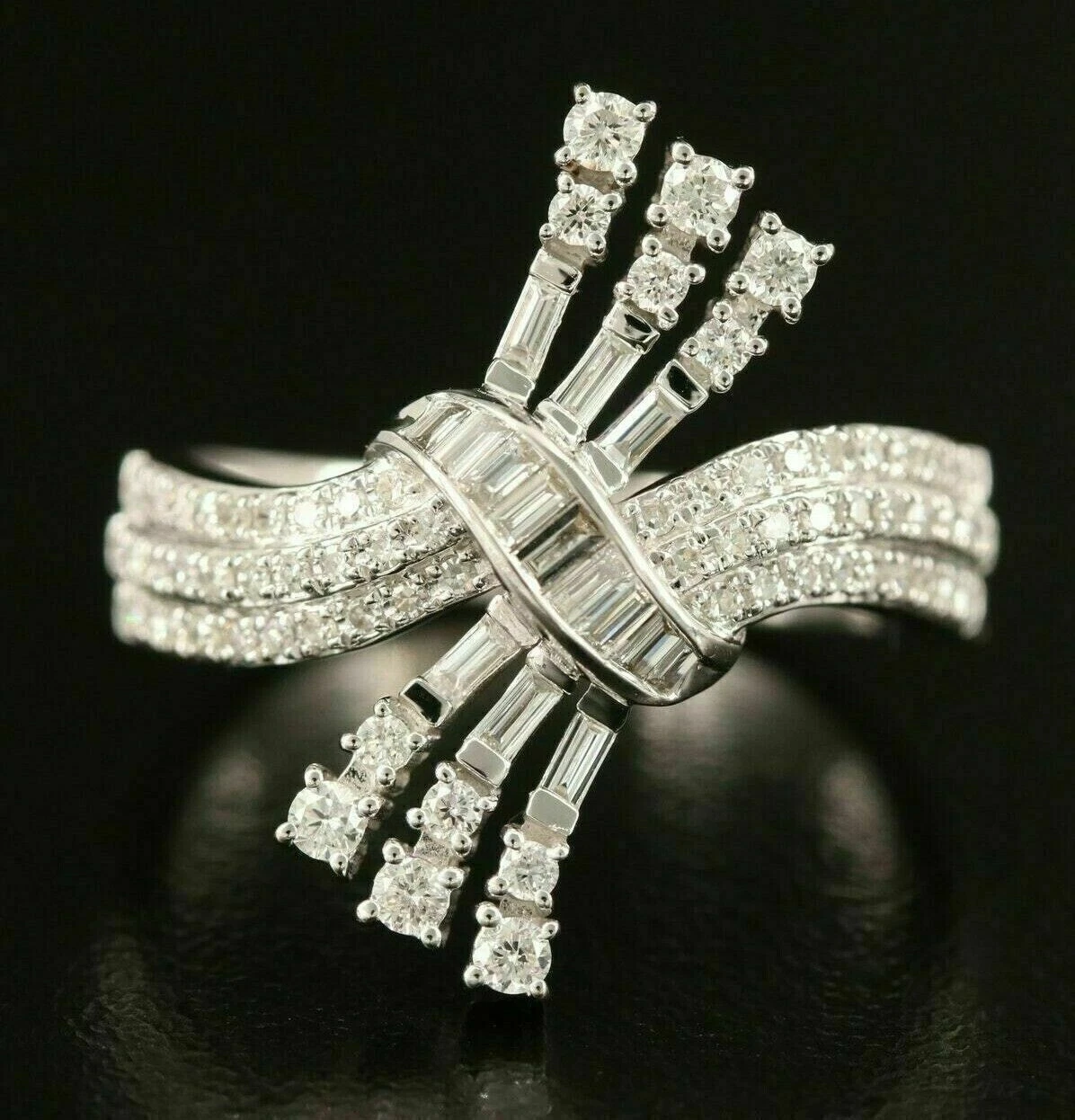 2 Ct Baguette & Round Cut Moissanite Engagement Bypass Ring 925 Sterling Silver