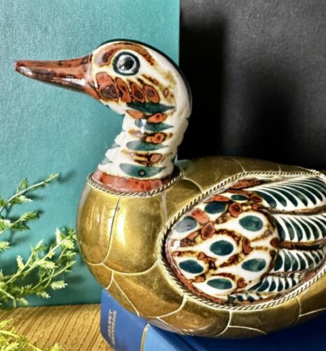 Mexican Brass Ceramic Ducks Tonala Set - 2 Mexican pottery Folk Art Birds. * - Picture 3 of 12