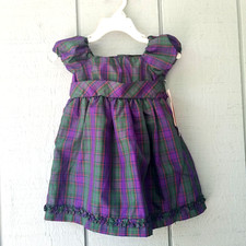 Chaps Baby Dress Girls 9M Green Purple Plaid Puff Sleeve Matching Bottoms NEW