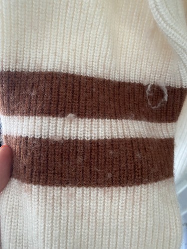 & OTHER STORIES CREAM BROWN WHITE STRIPE V NECK JUMPER CRICKET STYLE LARGE ^ - Picture 3 of 6