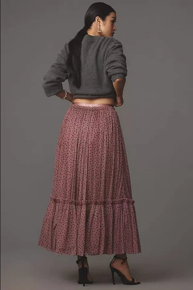By Anthropologie Tiered Tulle Maxi Skirt Pink Pull on Dot Printed Sheer New M - Image 2 of 4