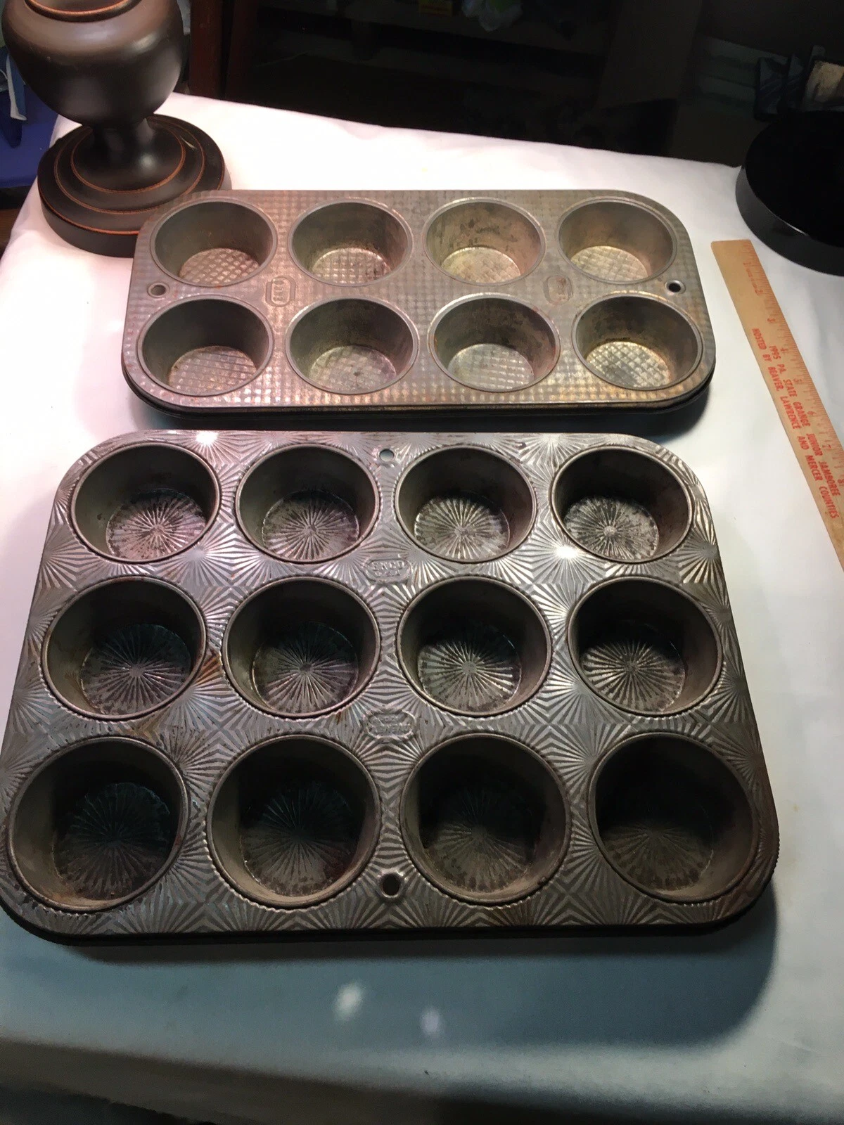 Lot 2 Primitive Old CornMuffin Tins Antique EKCO Starburst Metal& Waffle Pattern