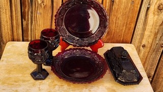 6 pc Avon Cape Cod Ruby Red Butter Dish 2 Wine Glasses 2 Salad Plates VGC