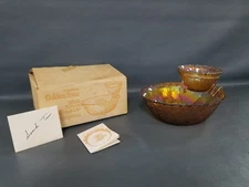 VTG Indiana Glass Golden Tone Iridescent 2872 3 Pc Chip + Dip Set in Box