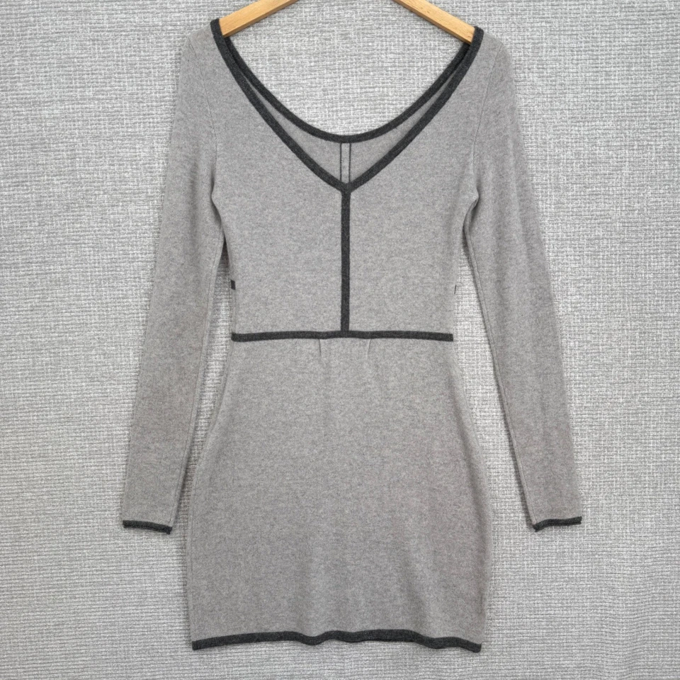 Qi Cashmere Gray Mini Dress Long Sleeve Sz S Merino Wool Blend Fitted Rave Glam - Image 2 of 4