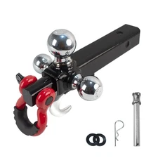 Recovery Trailer Tow Hitch Tri Ball Mount D-Ring Shackle & Hook Solid 2" Shank