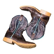 Ariat Kids Western Boots Brown Blue Leather Square Toe Embroidered US Size 3