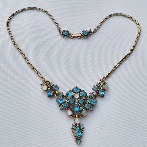 Hollycraft Aqua Blue Rhinestones, Moonstones Necklace Dated 1950