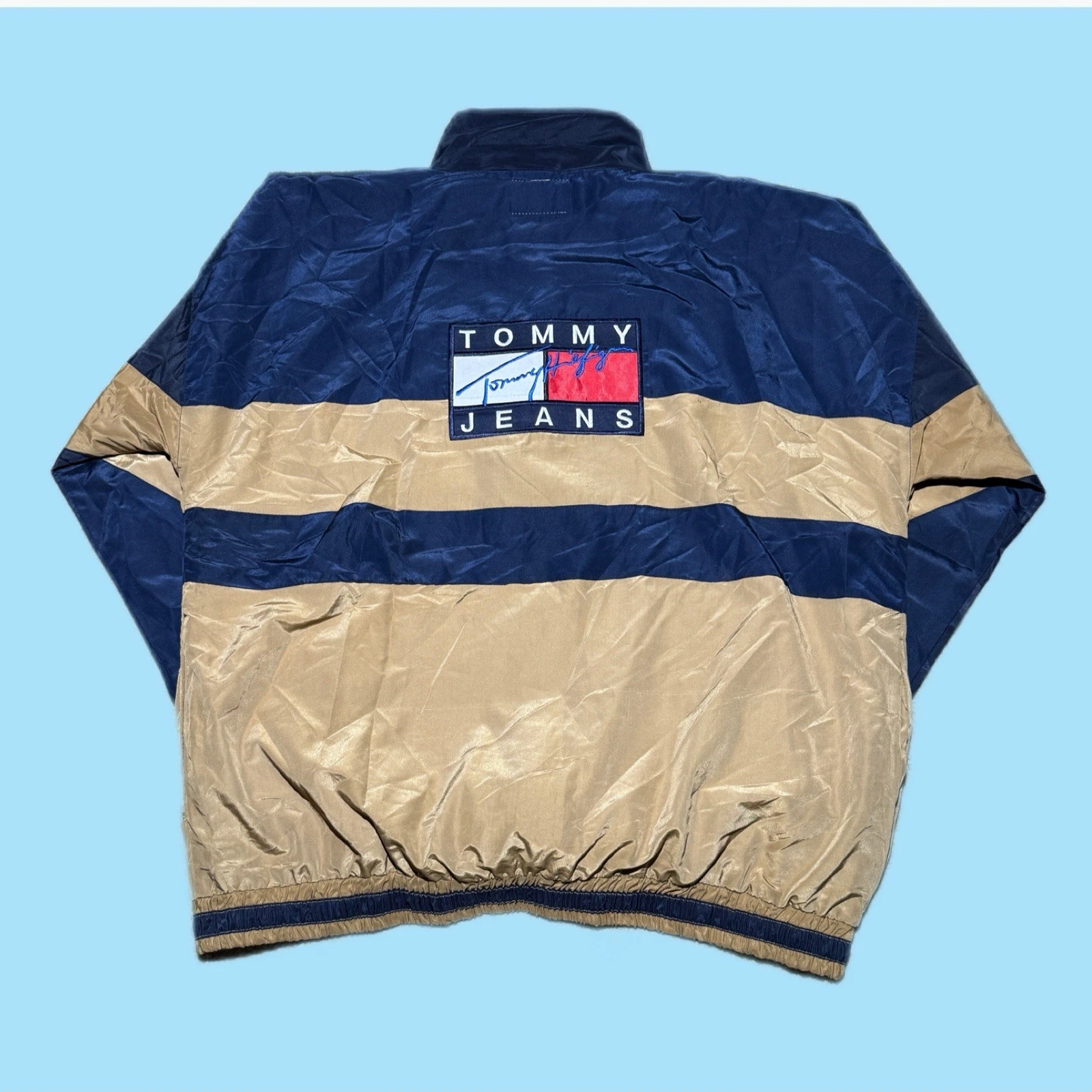 VTG 90s Tommy Hilfiger Embroidered Script Logo Striped Windbreaker Jacket XL