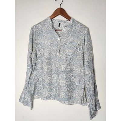 J. Crew Womens 100% Silk Blue White Half Button Blouse Floral