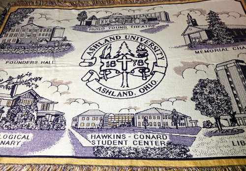 Ashland University AU Woven Tapestry Throw Blanket Campus Landmarks Vtg 69"x45"