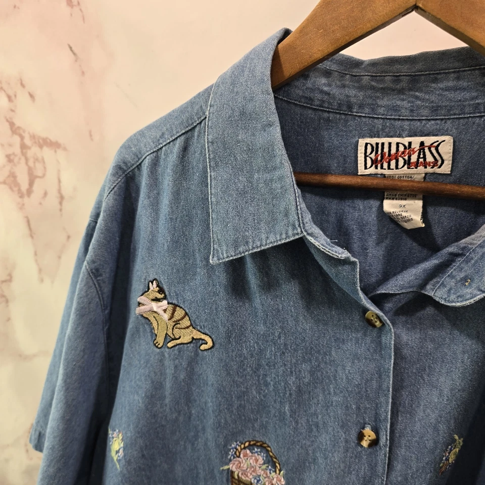 Camisa Gato Vintage Mujer 3X Años 90 Denim Jean Bordada Botón Manga Corta Foto 2 de 4