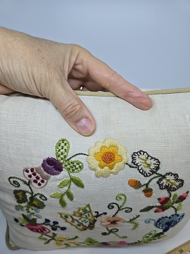 Handmade Crewel Embroidery Needlepoint Pillow Butterfly Flowers Cottage 12x12 - Picture 4 of 17