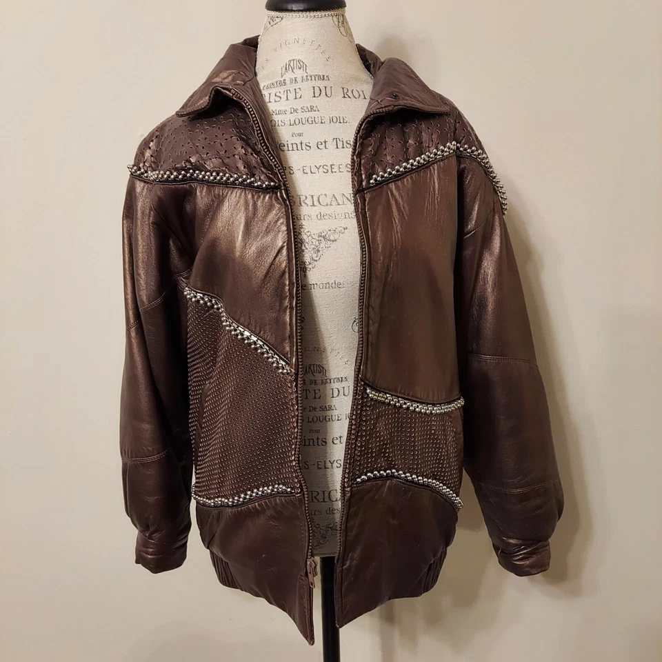 Chaqueta Bomber De Colección Marvin Richards Marrón Cuero Metálico Talla Grande
