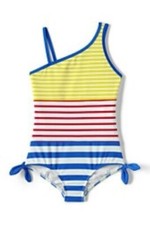 Lands End Girls Slim One Piece Swimsuit striped one shoulder size 8 Slim New
