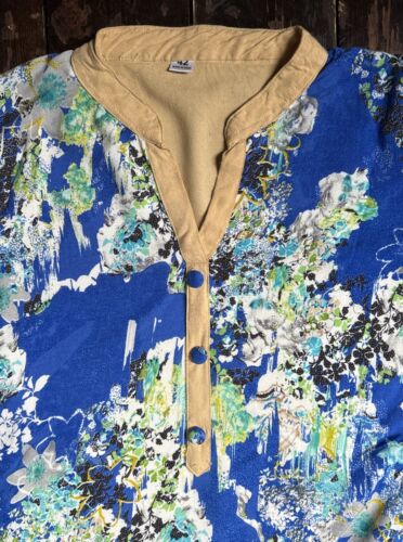 Vtg 60s 70s Blue Abstract Yellow INDIAN Button Side Splits Tunic Kaftan Dress S - Picture 4 of 20