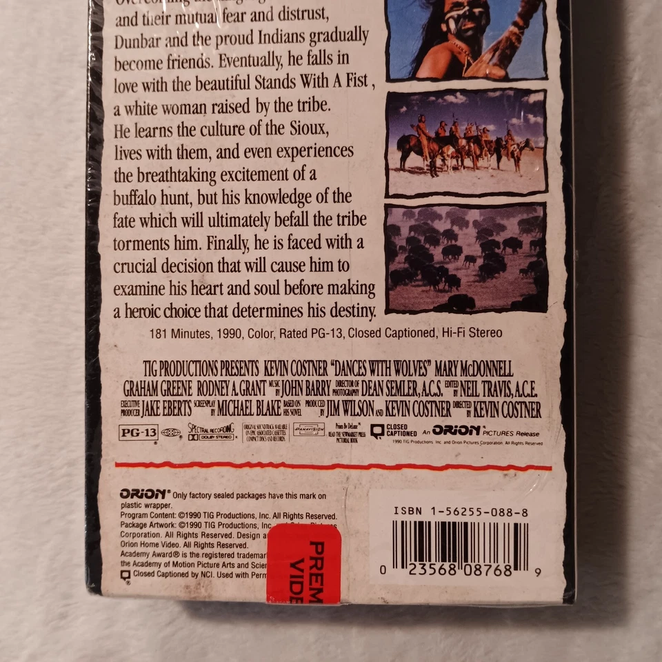 Dances With Wolves Kevin Costner Home Video VHS Vintage 1991 NEW Sealed Western - Image 3 of 4