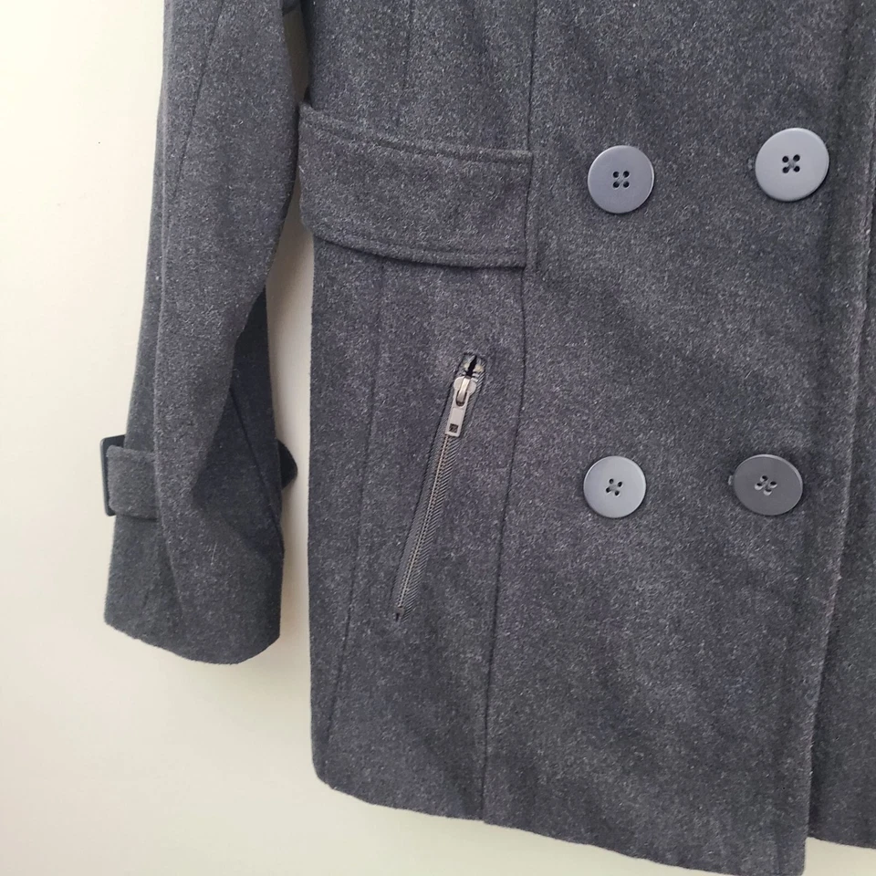 Abrigo dELiAs Mujer L Gris Doble Pecho Bolsillos Exterior Cuello Botón Foto 3 de 4