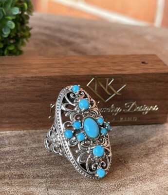 Dornröschen Türkis länglicher Statement Sterling Silber Ring NEU