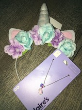 Claire  s Unicorn Floral Headband Costume Dainty Flower Necklace Jewelry Lot