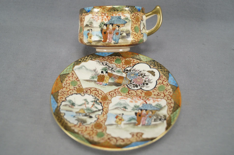 Antique Satsuma Meiji Hand Painted Japanese Aesthetic Style Tea Cup & Saucer - Image 2 of 4