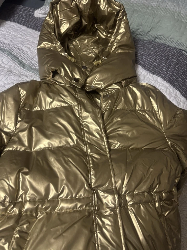 NEW GRACE KARIN Women's Medium COLOR GOLD Long Puffer Coat with Removable Hood - Image 3 of 4