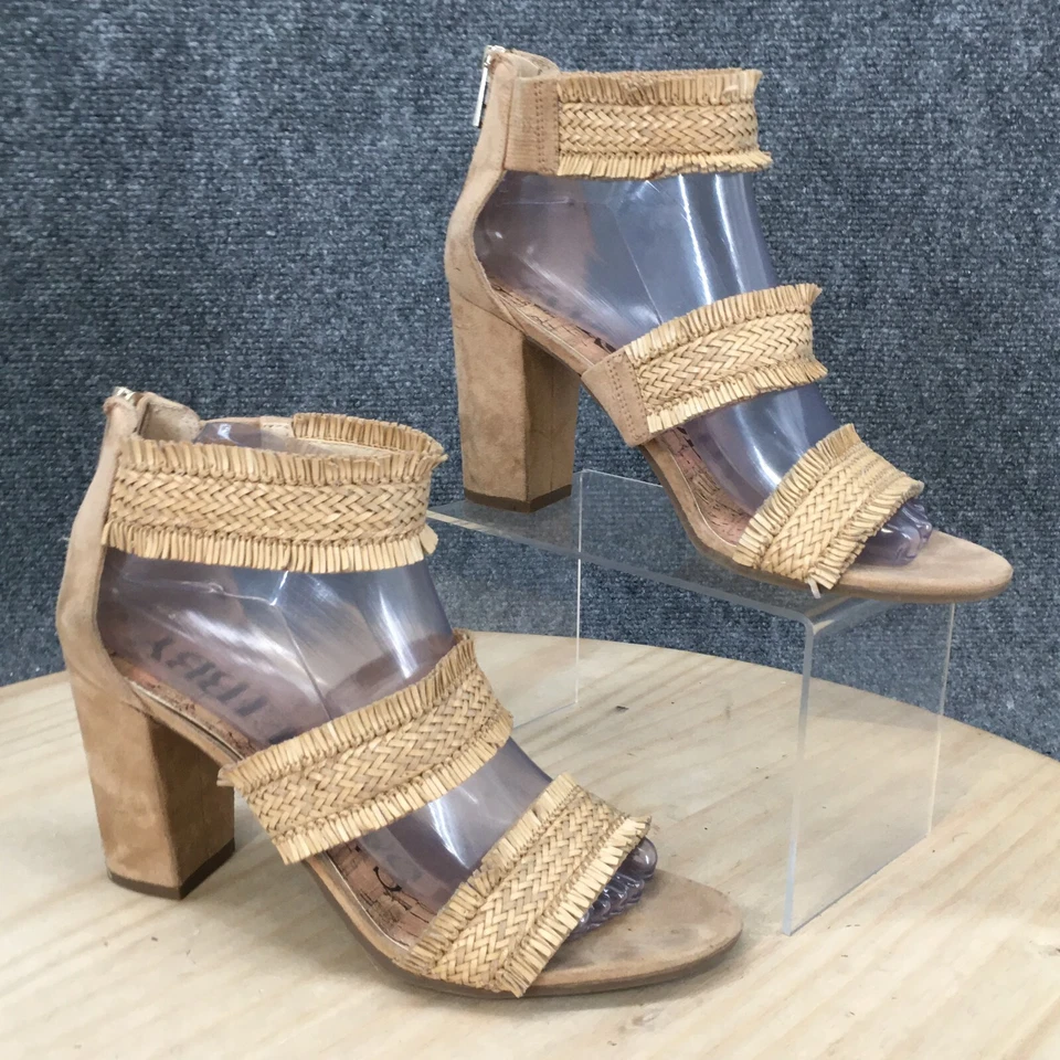 Sam & Libby Tacones Altos Mujer 8.5 Punta Abierta Tirantes Marrón Ratán Cremallera Trasera Foto 2 de 4