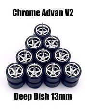 5x Chrome Advan V2 13/13mm DEEP DISH Wheels Rubber Tires for 1/64 H0T Wheelz