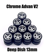 5x Chrome Advan V2 13/13mm DEEP DISH Wheels Rubber Tires for 1/64 H0T Wheelz