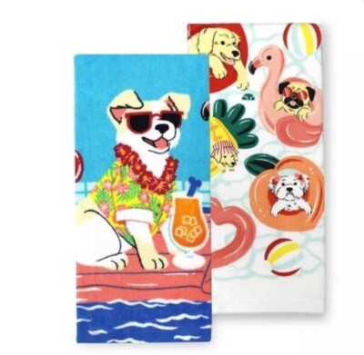 NWT Celebrate Summer Together Pool Pooch Puppy Dog Swim Float Kitchen Towel 2 Pk